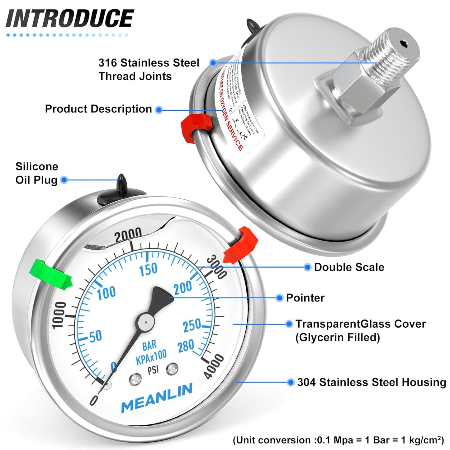 MEANLIN MEASURE 0~4000Psi Stainless Steel Liquid Filled Pressure Gauge 2.5" FACE DIAL 1/4" NPT for WOG Water Oil Air Back Mount with Stainless Steel Hex Bushing and Snaps