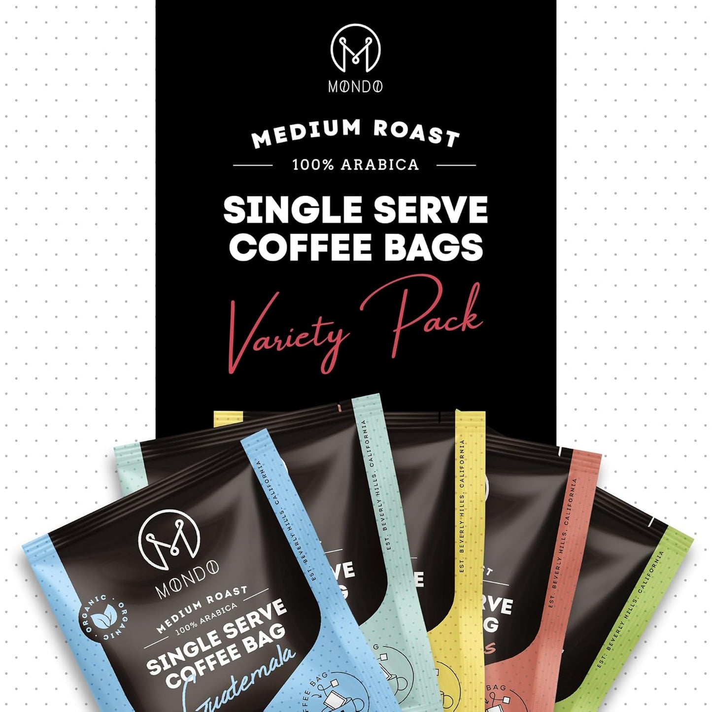 Mondo Single Serve Coffee Bags (20 Cups) Variety Pack - Organic, Medium Roast - Disposable, Portable Coffee Filters for Camping and Travel, Sampler Box of 5 Ground Coffee Flavors