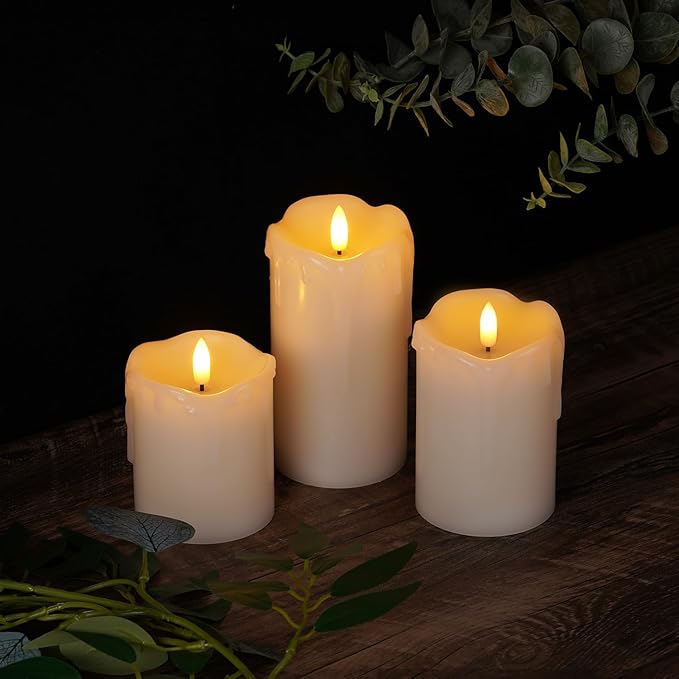 Homemory Dripping Wax Flameless LED Pillar Candles, Battery Operated with Remote Control and Timer, Set of 3, 5" H x 4" W x 6" D