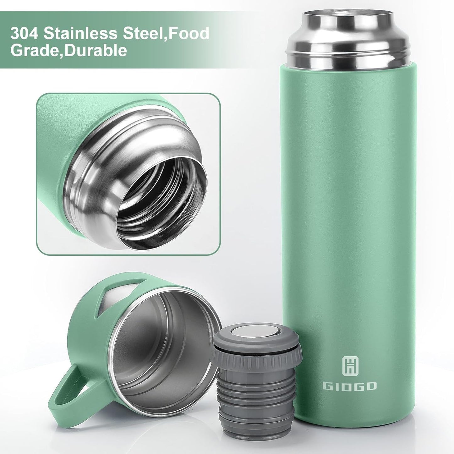 Stainless Steel Thermo 700ml/23.7oz Vacuum Insulated Bottle with Cup for Coffee Hot drink and Cold drink water flask.(Green,Single)