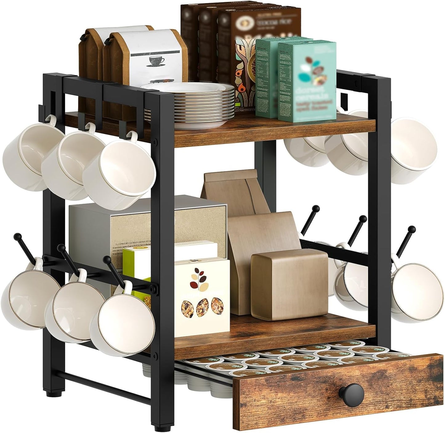 3-Tier Coffee Mug Holder with 12 Hooks, Coffee Bar Organizer, 25 Pods Capacity, Versatile Desktop Storage Rack, Space-Saving, for Kitchen, Living Room, Rustic Brown and Black MH01BR