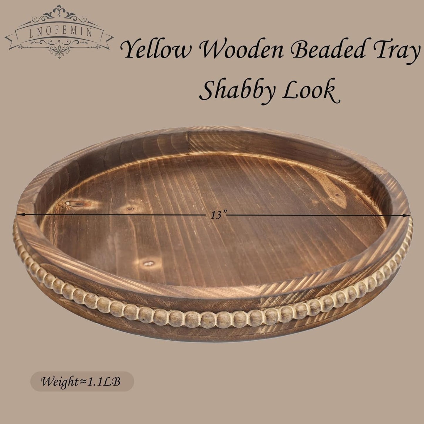 Round Burnt Wood Serving Tray with Beads, Wooden Decorative Tray for Entertaining, Decoration, and Gifting,