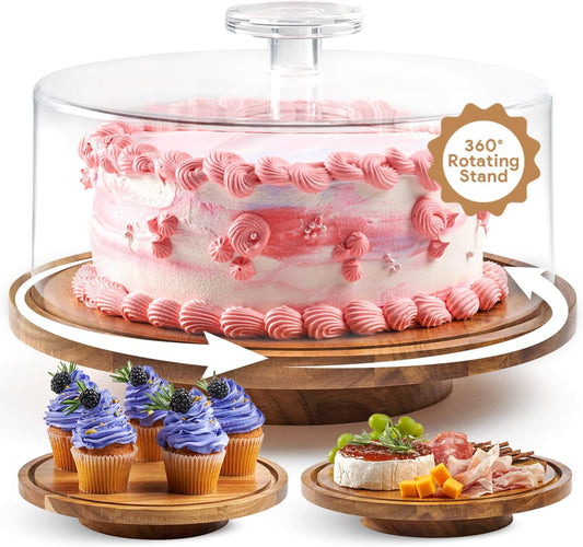 Rotating Cake Stand With Lid - 12 Inch Round Cake Holder with Cover, 4” Tall, Acacia Wood Spinning Cake Turntable for Decorating, Display and Serving Platter, Acrylic Cake Dome, No Glass