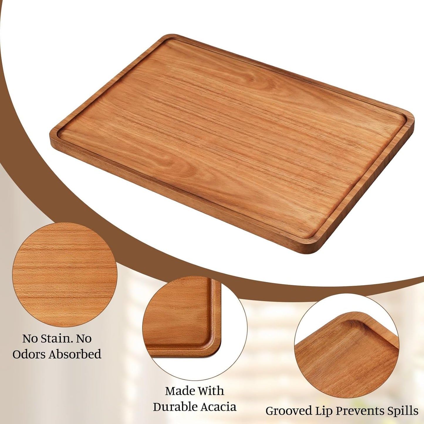 2 PCS 16 x 12 in Large Solid Acacia Rectangular Wood Serving Trays Natural Wooden Boards Serving Platters for Bar Coffee Party Dessert Tray