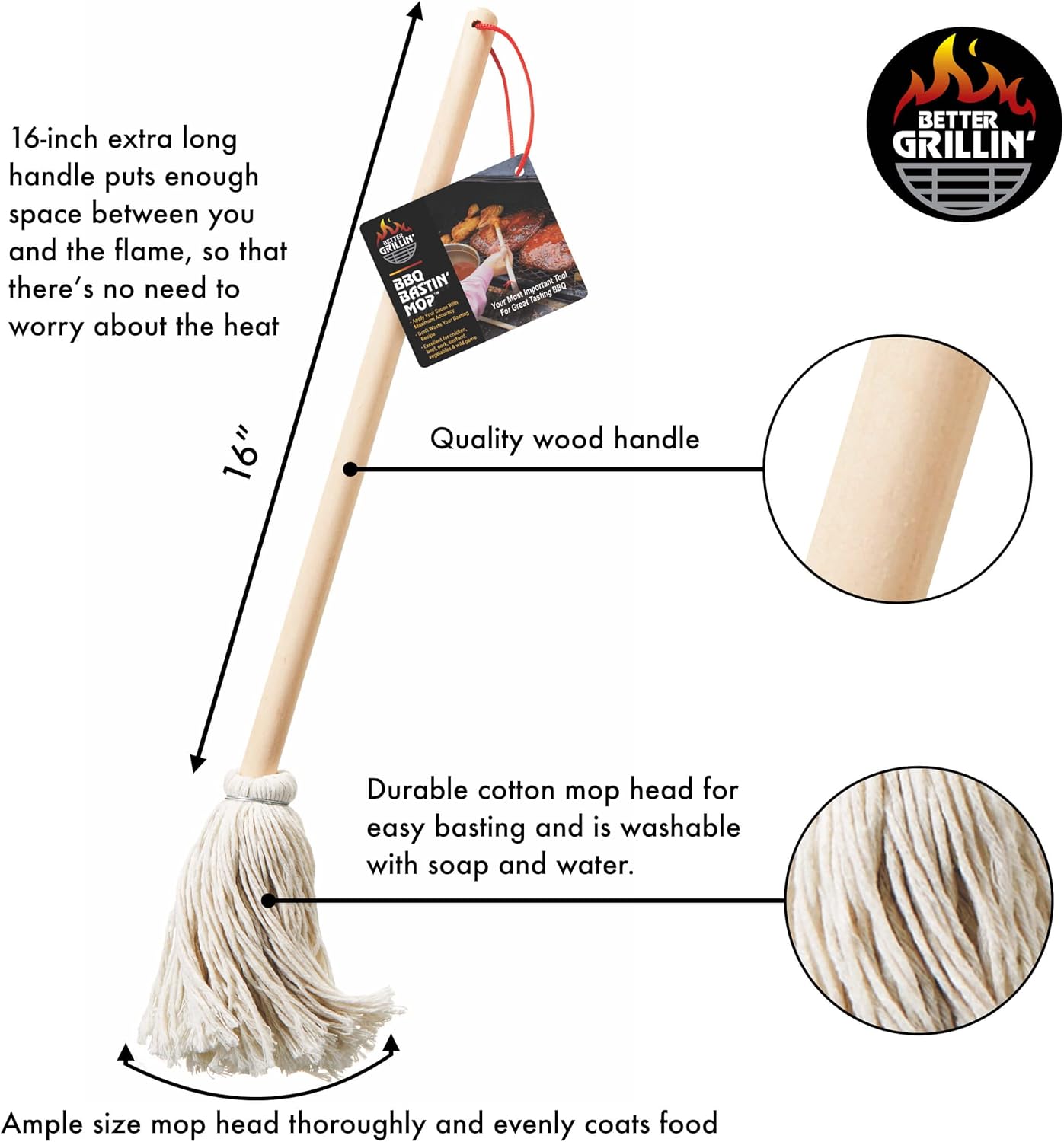 Better Grillin BBQ Bastin Mop Basting Barbecue Brush/Mop Easily Applies Marinades, Sauces, Washes Out, 16in Handle, 6pk