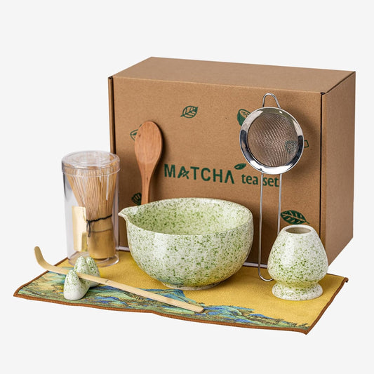 Japanese Matcha Whisk Set,Ceramic Matcha Set Includes Bowl with Spout,Matcha Sifter, Bamboo Whisk and Holder for Matchas Tea,2 Bamboo Scoop, Scoop Rest,Tea Towel -8 Pcs Kit Gift for Matcha Lovers