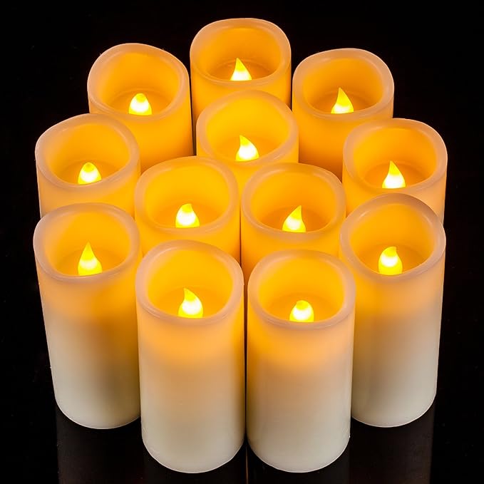 Flameless Candles Flickering LED Candles Set of 12 (D:2.2" X H:5") Ivory Real Wax Pillar Battery Opeated Candles with 10-Key Remote and Cycling 24 Hours Timer