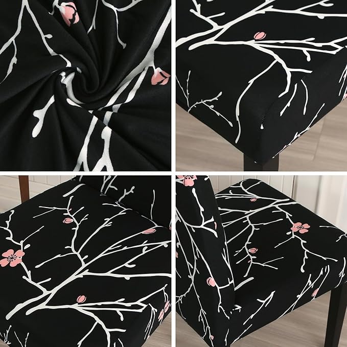 JQinHome Pattern Chair Covers for Dining Room Set of 4, High Stretch Removable Washable Parsons Chair Slipcover for Home Party Hotel Wedding Ceremony (Flourish Black,4PCS)