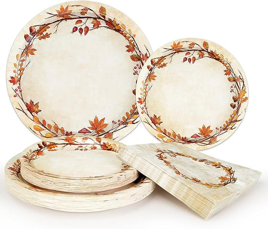 Homlouue 200 Pcs Fall Paper Plates and Napkins, Watercolor Disposable Dinnerware Set, Autumn Leaves Thanksgiving Party Supplies, Serve 50 Guests