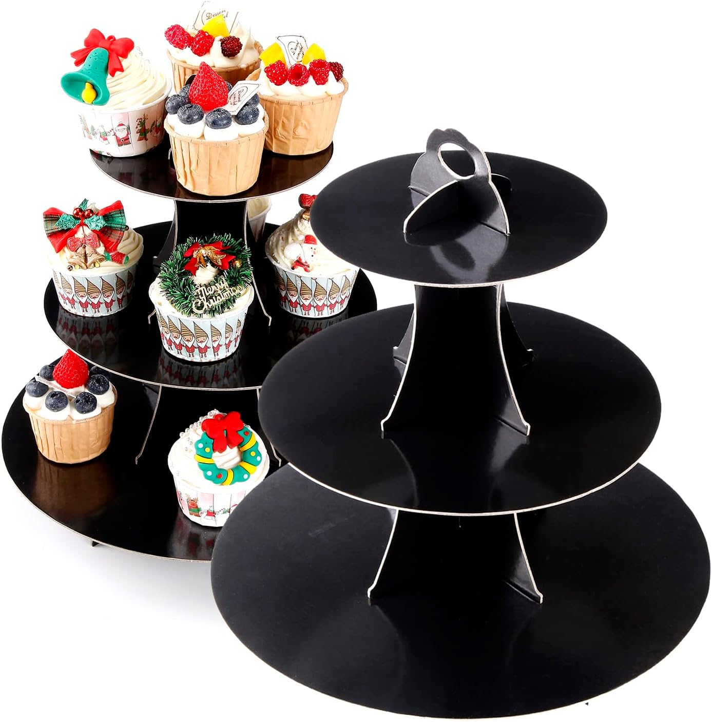 2Pcs 3-Tier Cupcake Stand, Cake Stand holder, Tiered DIY Cupcake Stand Tower for Dessert Table Displays, Birthday Theme Party Favors Decoration, Floral Tea Party, 12" W x 12.8" H, Black