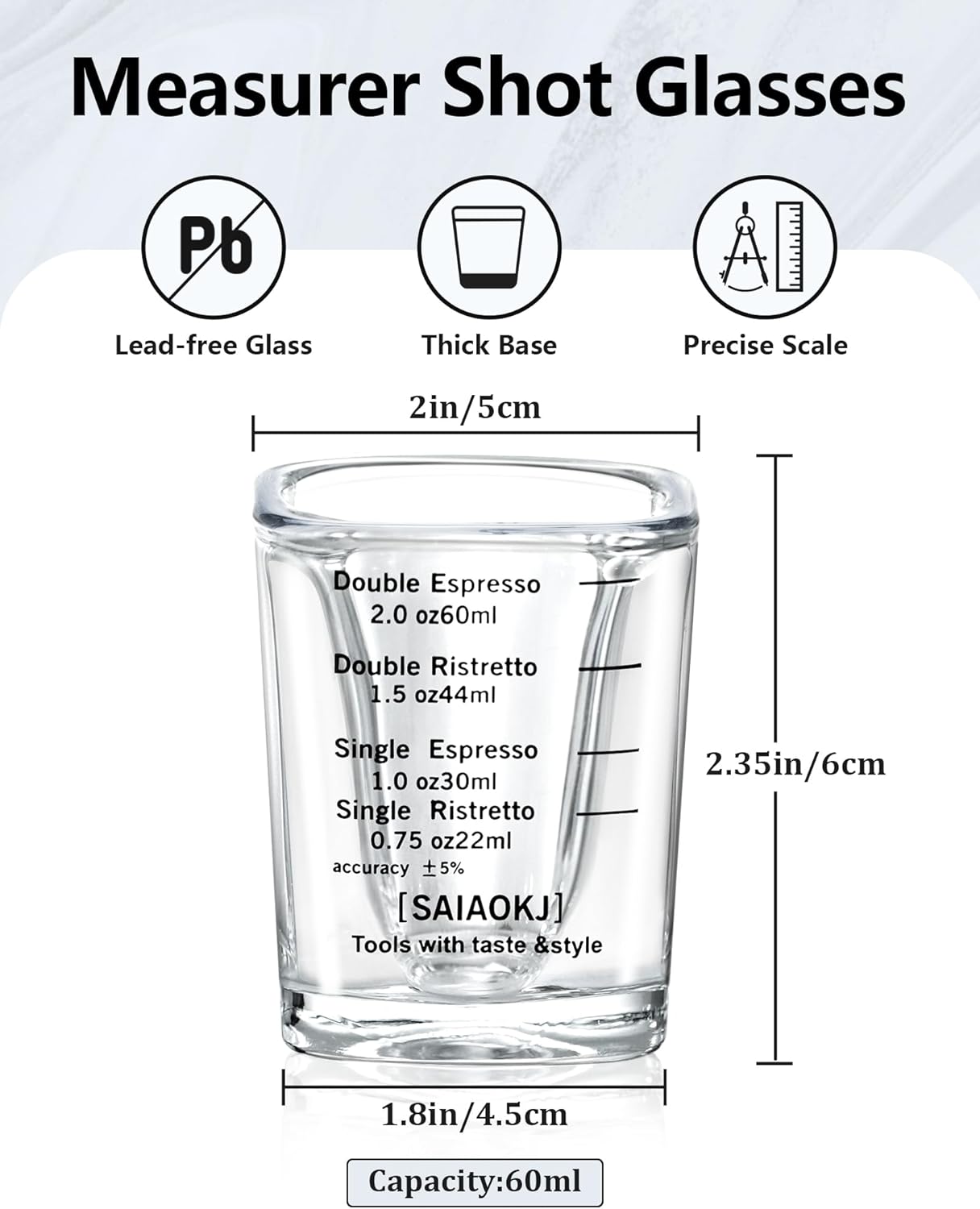 Shot Glasses Measuring Cup Set 2PACK Espresso Shot Glasses Liquid Heavy Glass 2oz/60ml(Black)
