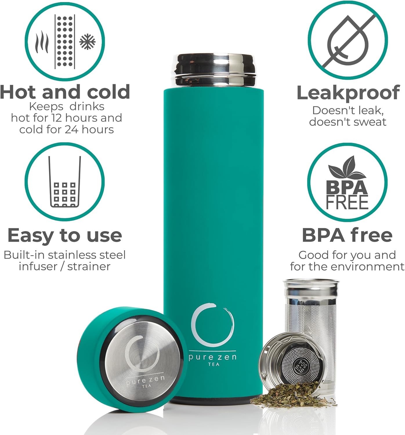 Pure Zen Tea Thermos with Infuser for Hot and Cold Infusions - Stainless Steel - Tea Infuser Bottle - Leakproof Travel Mug with Filter - 15oz
