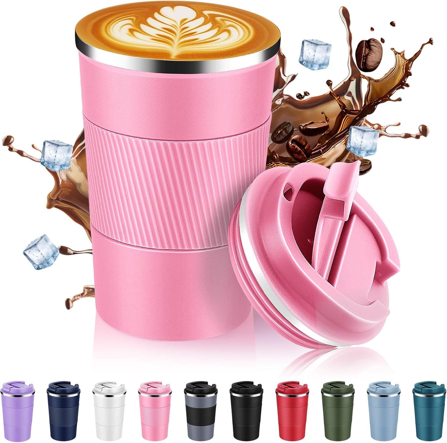 Volhoply 13 oz Stainless Steel Insulated Travel Coffee Mug with Fip Lid,Reusable Double Wall Vacuum Metal Coffee Cup,Portable to Go Leak Proof Cafe Thermal Tumbler for Hot & Cold Drinks(Pink,1)
