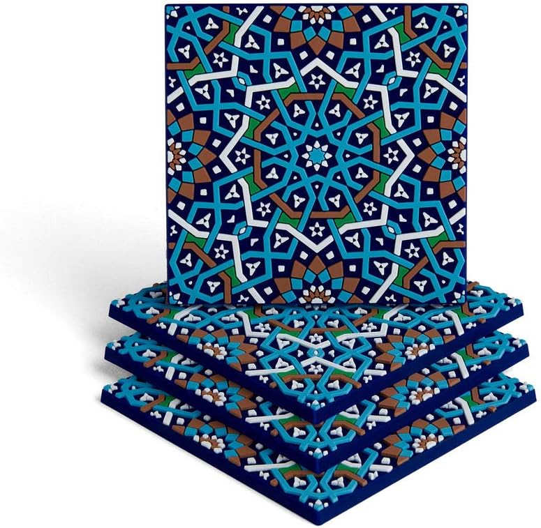 Set of 4 Silicone Coasters - Protect Against Water Marks or Damage - Fits All Cups, 3.5" Size, Blue Morocco