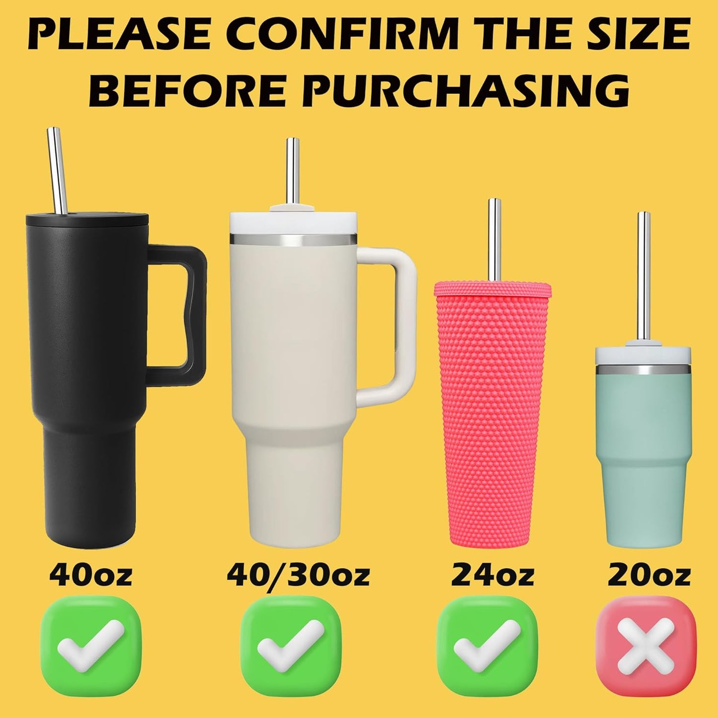 6 PCS Metal Stainless Steel Reusable Straight Straw,with 6Silicone Tips and 2Cleaning Brush,for 40oz Stanley, Hydrapeak, Owala Tumbler,Simple Modern 32 40oz Tumbler(8mm Black)