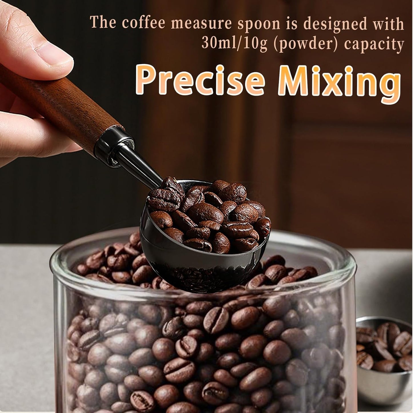 2pcs Vintage Coffee Measuring Spoon， 30ml/10g Capacity Coffee Scoop for Ground Coffee、Coffee Beans and Tea，304 Stainless Steel Coffee Spoons with Long Wooden Handle（Black)