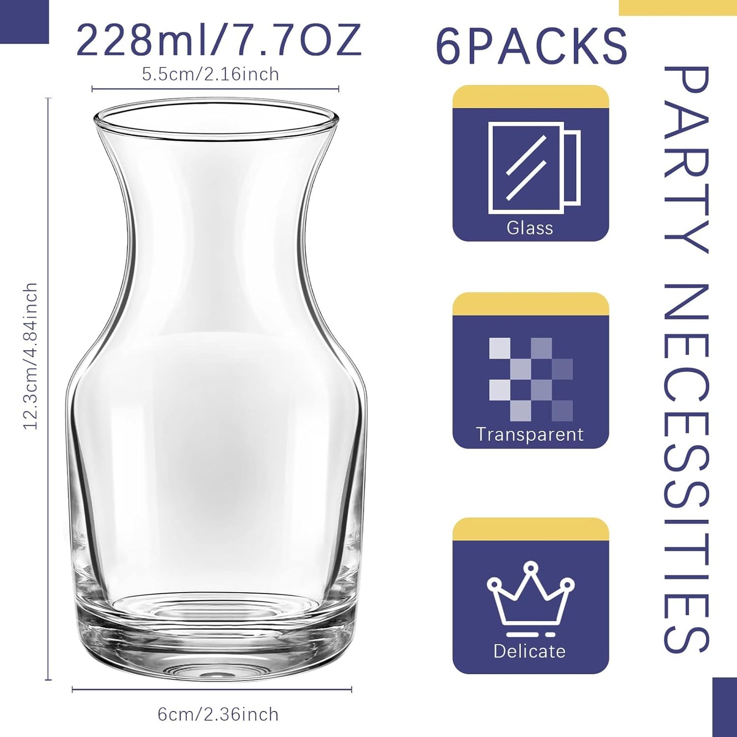 6 Pack Single Serving Wine Carafe Glass Small Mini Carafe Individual Wine Refill Decanter for Dinner Parties Tastings Bars Restaurants (7.7 oz)