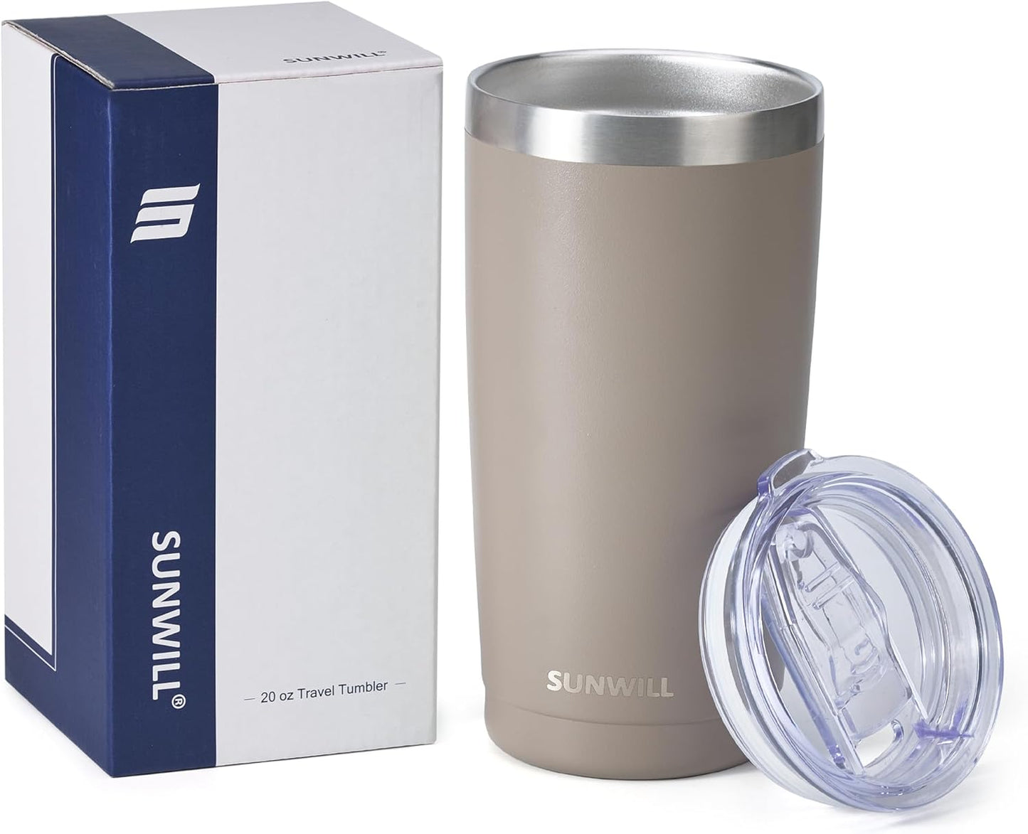 SUNWILL Travel Coffee Tumbler 20 oz, Insulated Mug with Lid, Stainless Steel Cup for Outdoor, Powder Coated Taupe