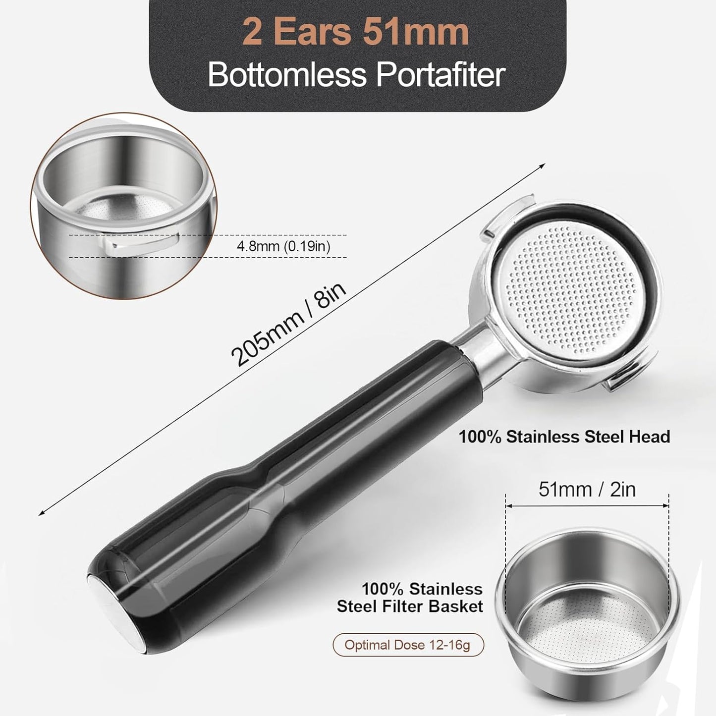 51mm Bottomless Portafilter & Puck Screen, 2 Ears Stainless Steel Head, Only Compatible with De'Longhi ECP3420, EC155, BCO430, EC260, and ECP3120, Includes 304 Stainless Steel Filter Basket