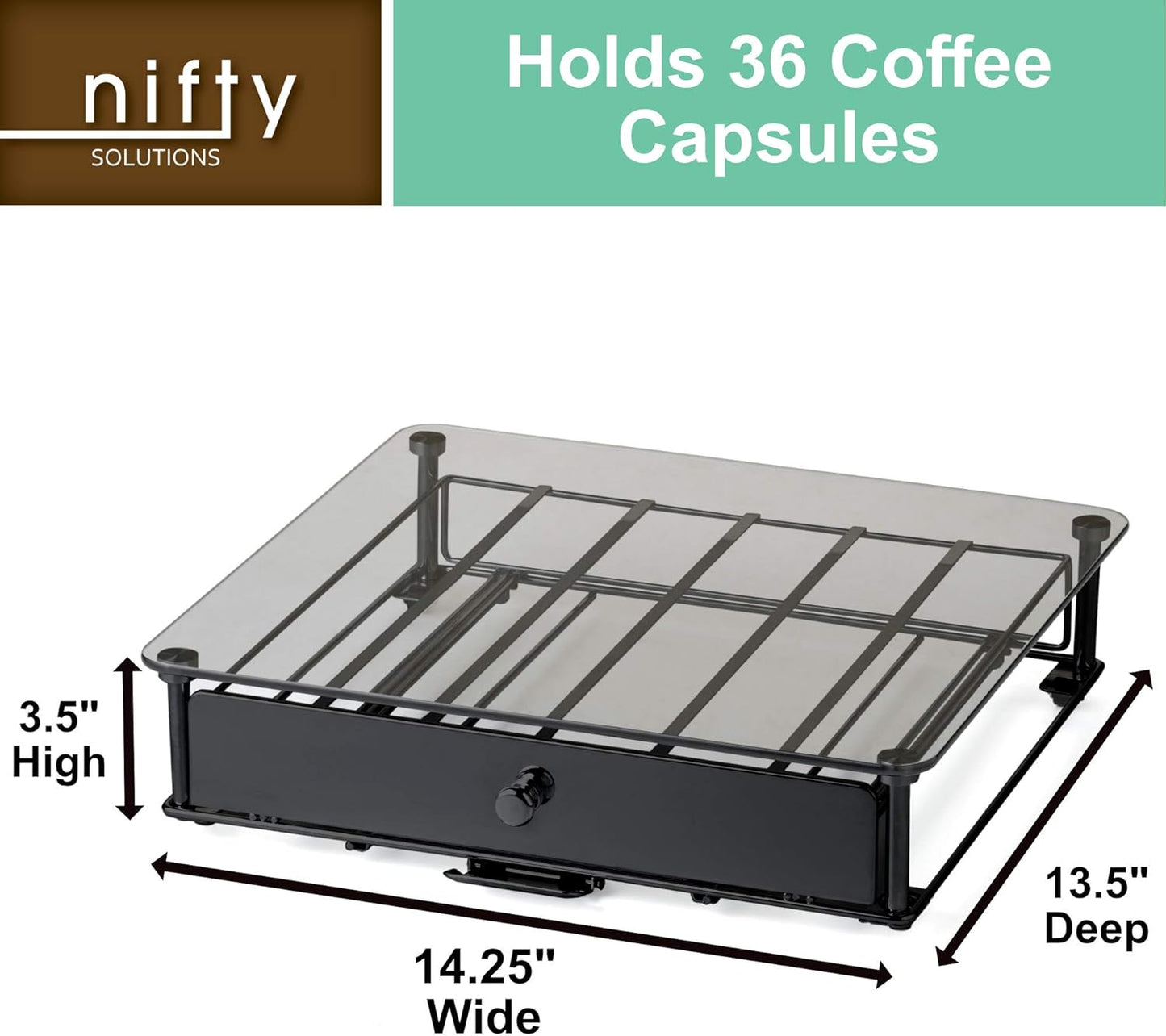 Nifty Rolling Coffee Pod Drawer – Tempered Glass, Black, Compatible with K-Cups, 36 Pod Pack Holder, Compact Under Coffee Pot Storage Drawer, Slim Home Kitchen Counter Organizer