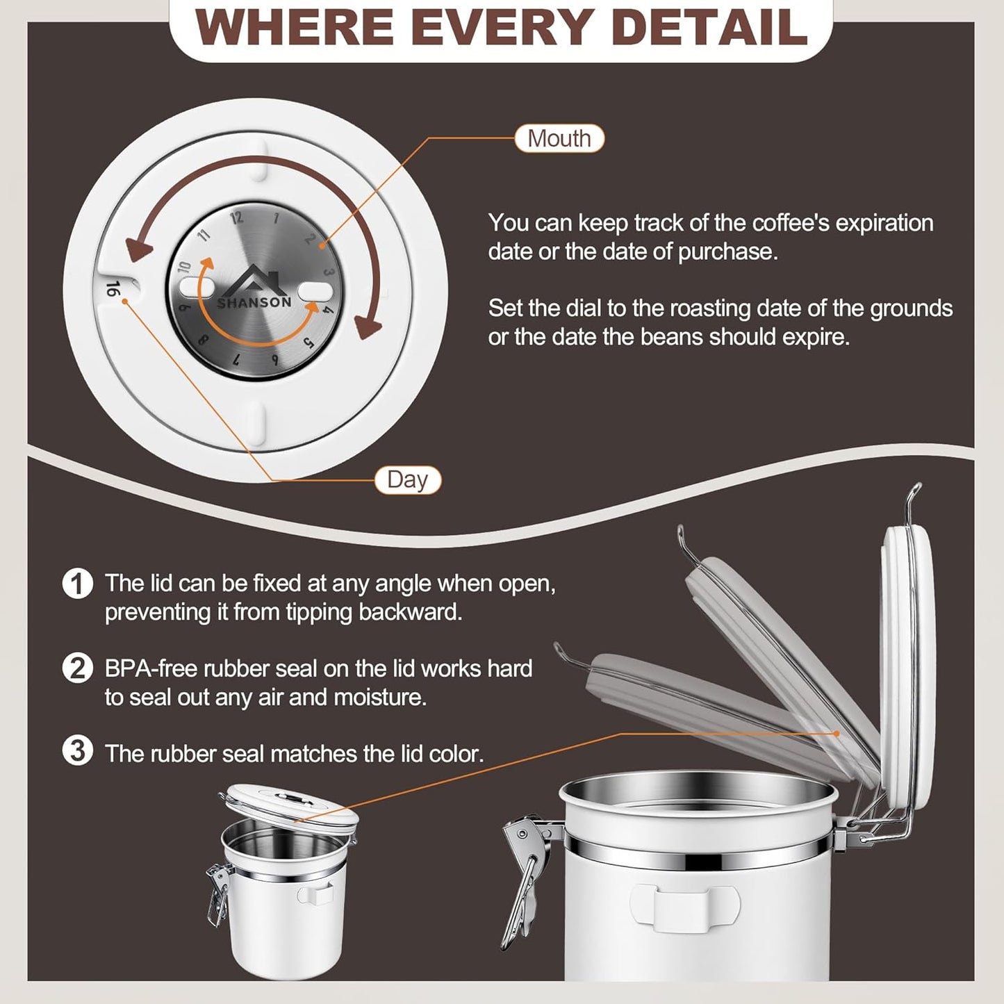 ShanSon Coffee Canister Airtight Stainless Steel Container,Home Kitchen Food Storage Organizers for Beans,Tea,Sugar,cookie,Flour,Cereal,11OZ+16OZ,White