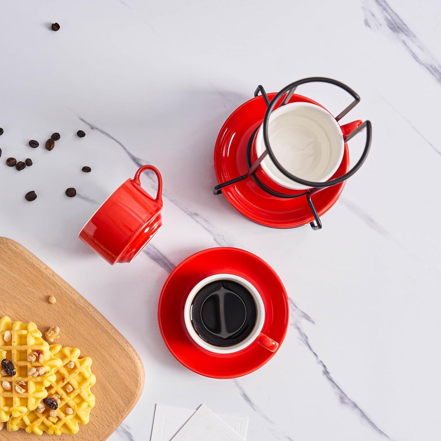 YOLIFE 2.5oz Porcelain Stackable Espresso Cups with Saucers and Metal Stand Set of 4, Stackable Cappuccino Cups, Red Expresso Shots Cup Set for Coffee Drinks, Latte, Tea