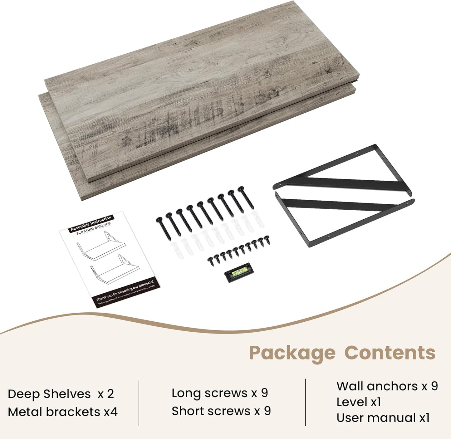 Dreamland Floating Shelves for Wall, 12 Inch Deep Floating Shelves Set of 2, 30W x 12D Large Wall Shelf with Sturdy Metal Brackets for Living Room, Bathroom, Bedroom and Kitchen, Grey