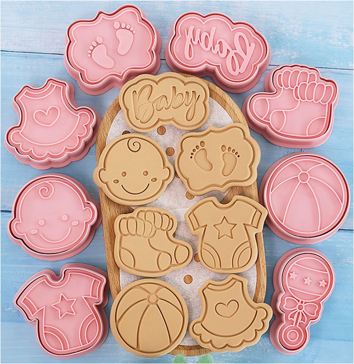8 Pcs Cute Baby Shower Cookie Cutters for Baking Plastic Cookie Stamps Newborn Party Biscuit Mould Set DIY Fondant Biscuit Stamps Kitchen Tools(L8)