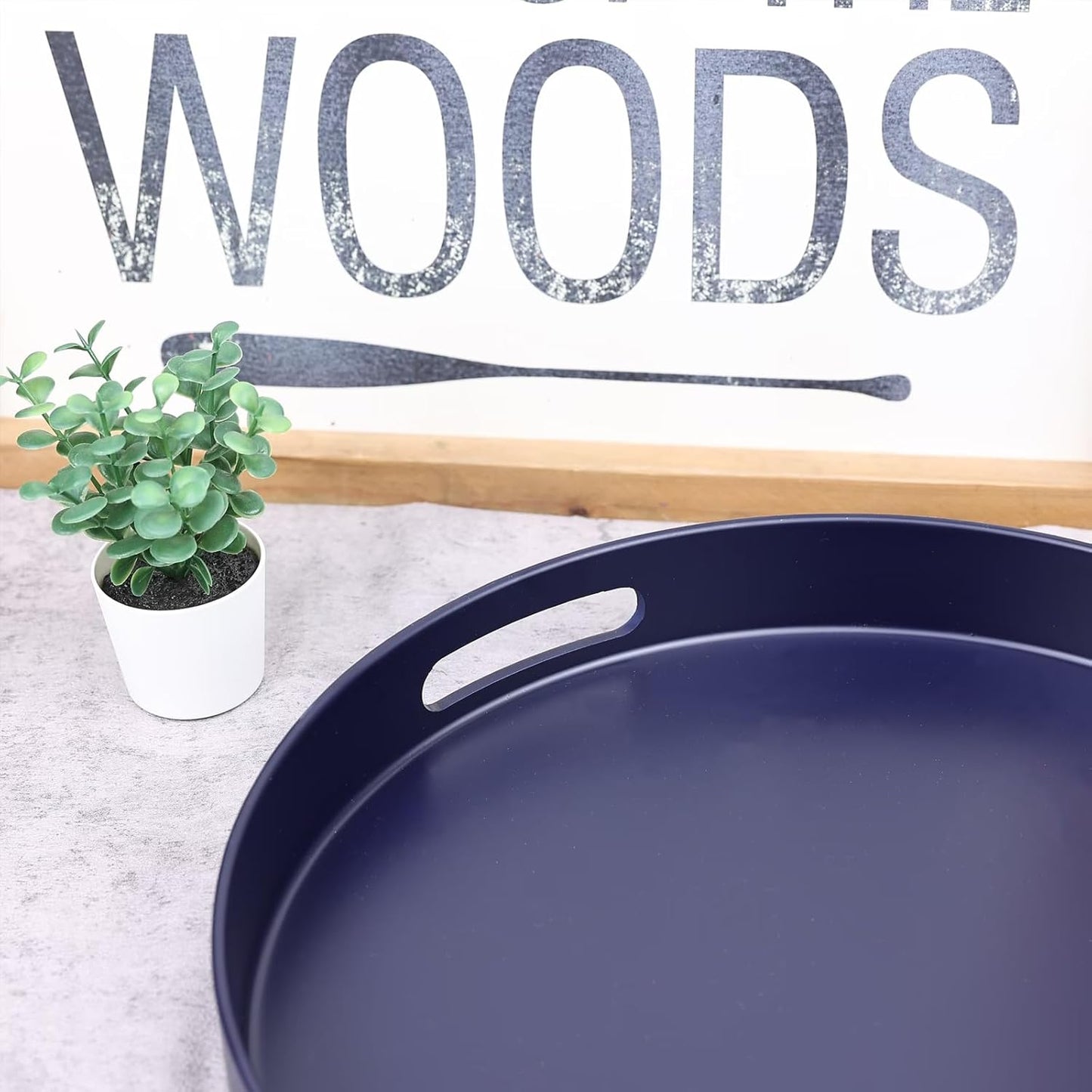 Navy Blue Decorative Serving Tray with Handles, 13” Versatile Ottoman Tray for Coffee Table, Entertaining, Outdoor Patio, Living Room