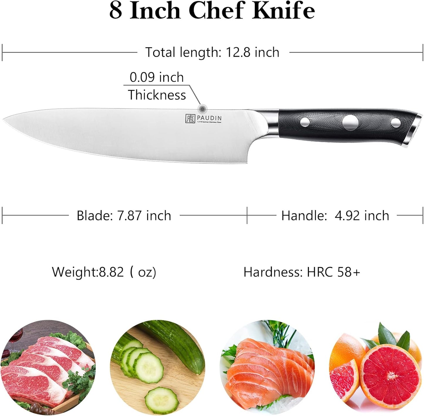 PAUDIN Chef Knife 8 Inch, Professional Kitchen Knife, 7Cr17MoV German Stainless Steel Forged Chefs Knives with Ergonomic G10 Handle, Classic Chef's Knives Meat Knife with Gift Box