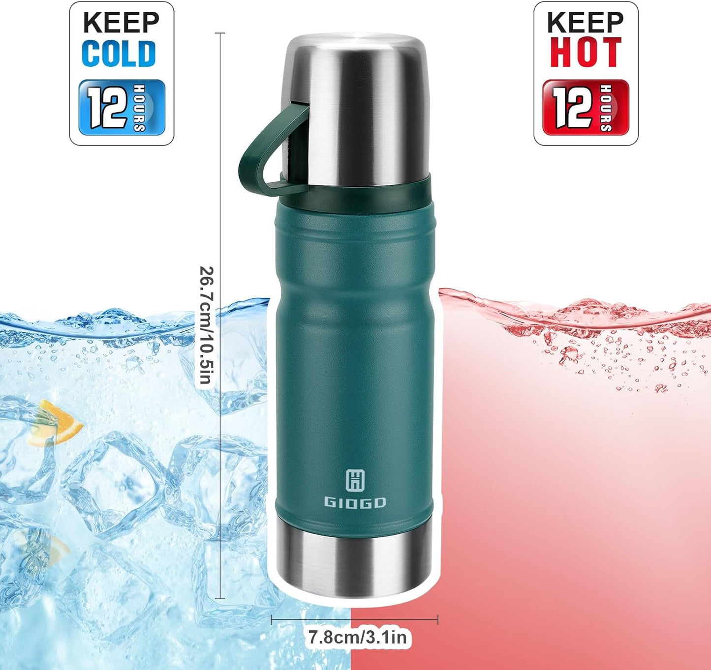 Vacuum Insulated Water Bottle Thermo Water Flask with Cup 680ml/23oz Stainless Steel Thermal Water Bottles Thermo for Hot and Cold Drinks Coffee Water(Blue,Set)