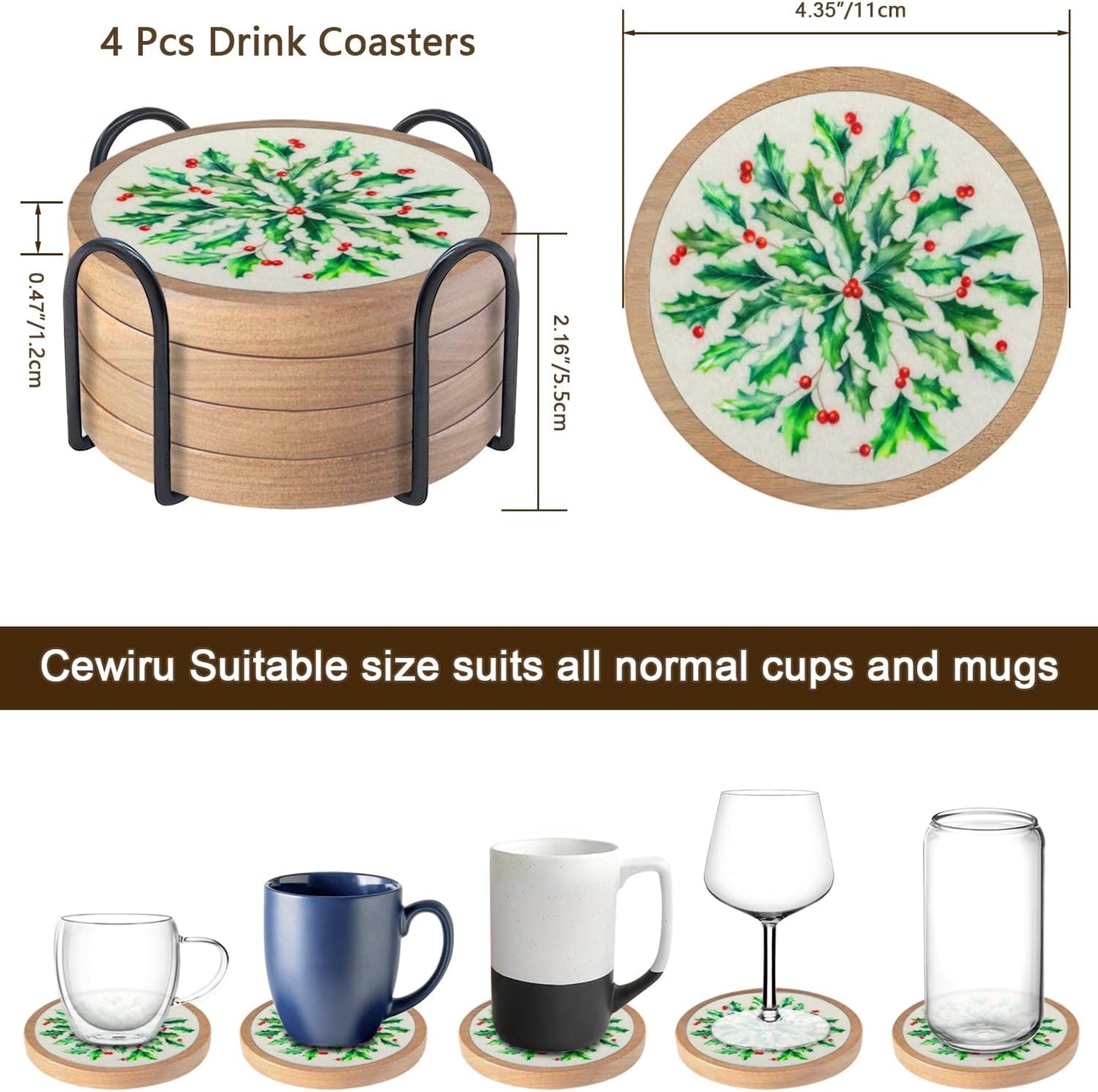 Christmas Coasters Set of 4 with Holder, Cewiru Cup Mat for Drinks, Absorbent Coasters with Felt Insert for Coffee Table Protection, Modern Style Home Dining Table Decor, 4.3"
