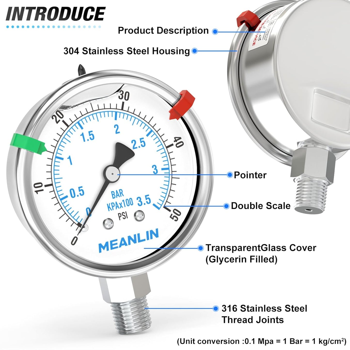 MEANLIN MEASURE 0~50Psi Stainless Steel Liquid Filled Pressure Gauge 2.5" FACE DIAL 1/4" NPT for Pool Sand Filter Water Oil Air Pressure Test Lower Mount with Stainless Steel Hex Bushing and Snaps