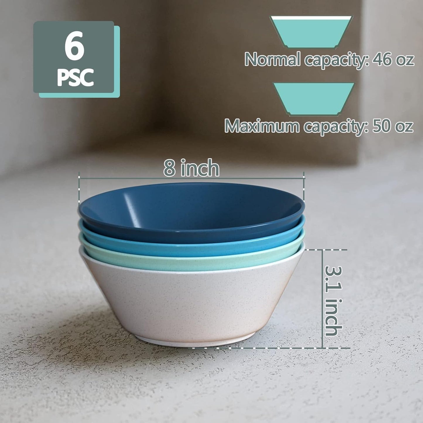 Homestockplus 50 Oz Large Cereal Bowls, Unbreakable Salad Bowl Set of 6, Sturdy and Stackable Serving Bowls, Microwave Dishwasher Safe Color Bowls Set for Oatmeal, Soup, Ramen, Salad, Snack -6 Colors