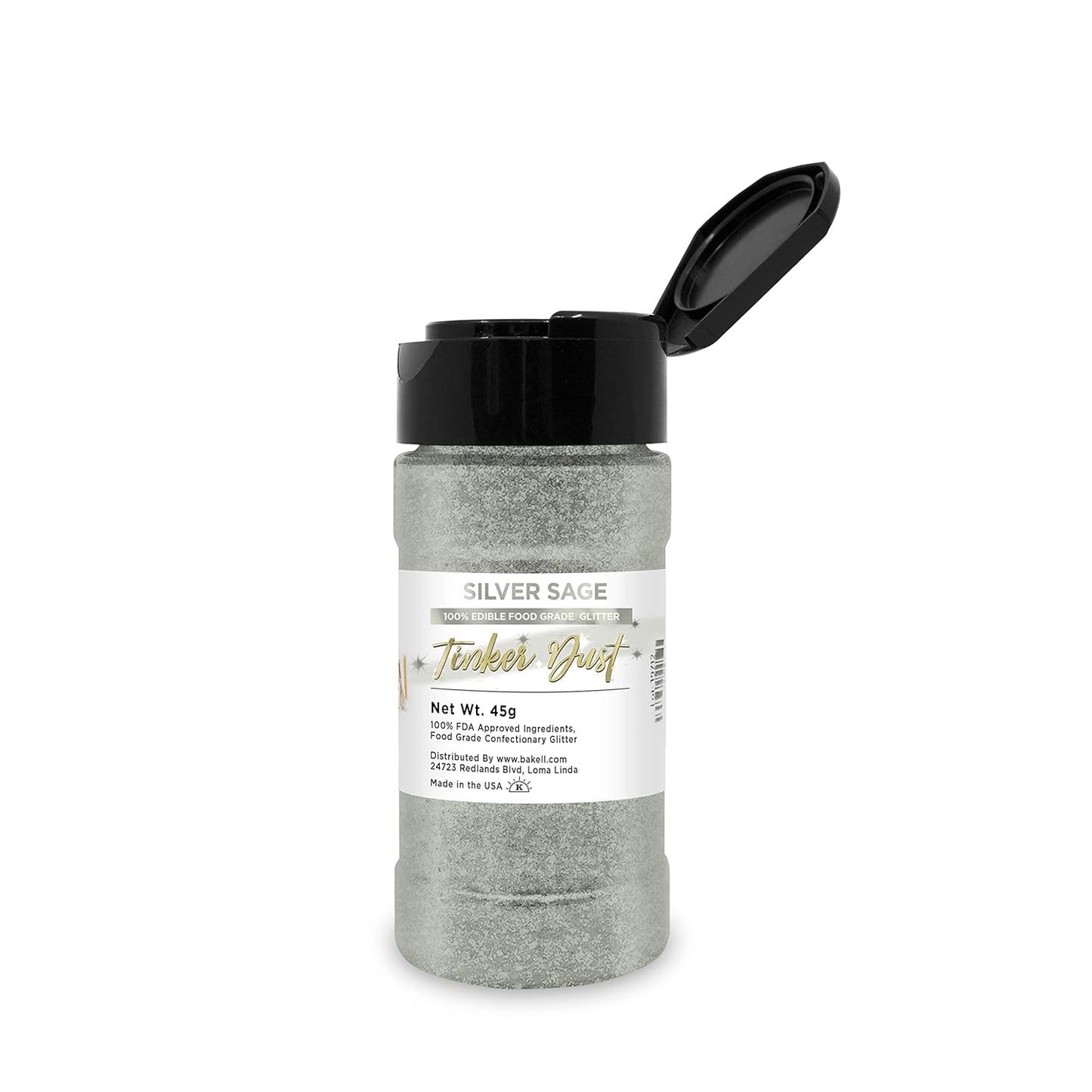 Silver Sage BAKELL Edible Glitter, 45 Grams | TINKER DUST Edible Glitter | KOSHER Certified | 100% Edible Glitter | Cakes, Cupcakes, Cake Pops, Drinks, Dessert Vegan Glitter & Dusts (45g Shaker, Silver Sage)