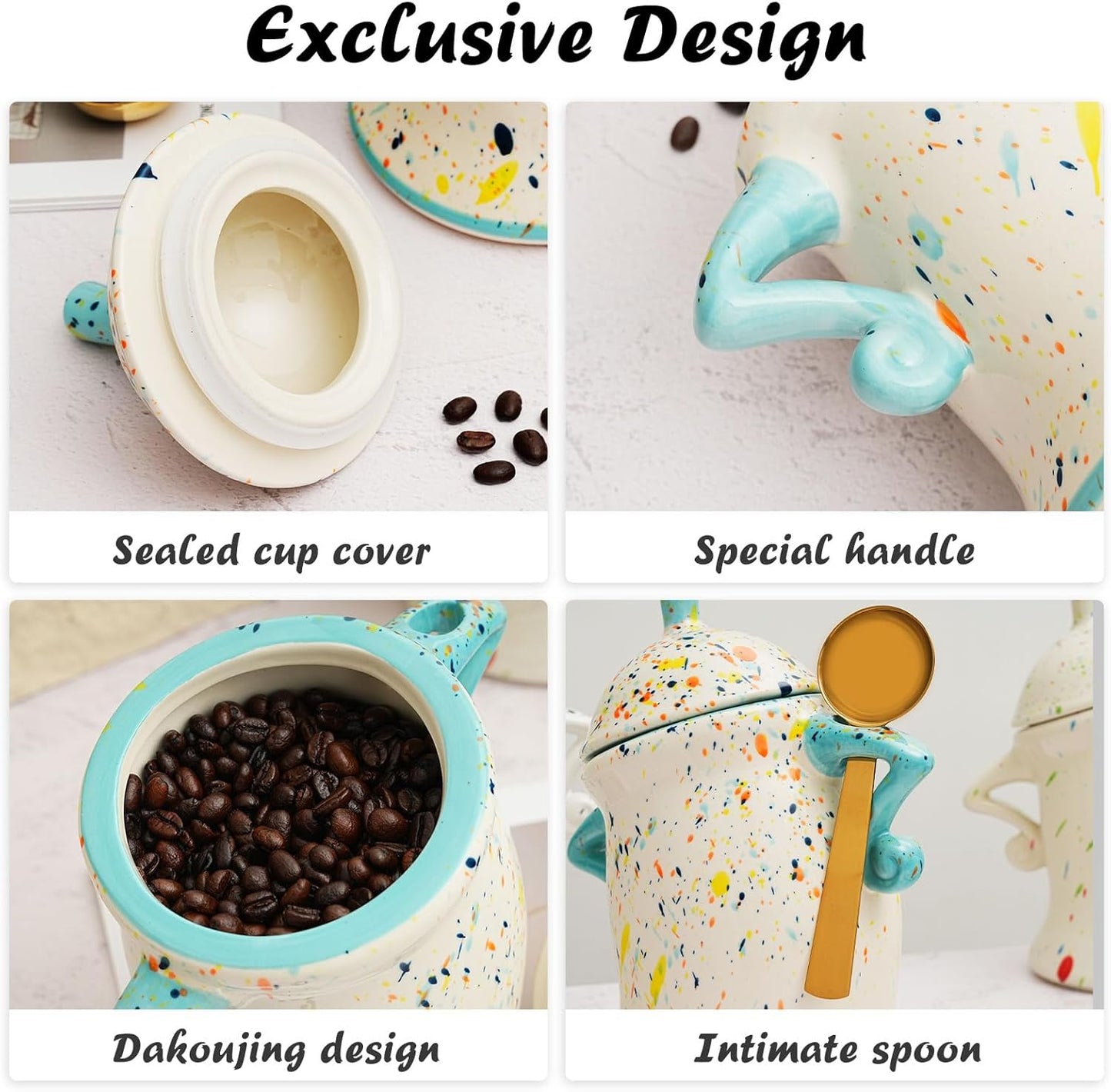 Canister With Attitude,Large Capacity Cute Sassy Storage Canister,Interesting food jars, stylish airtight large ceramic lids, coffee, tea, sugar and spice storage jars with spoons (Cyan)