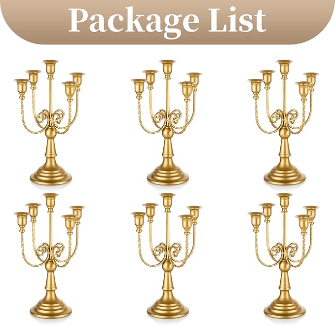 Sziqiqi Candelabra Candle Holder Gold Set of 6-5-arm Metal Candlestick Holders for Taper Candles for Centerpieces Table Wedding Christmas Fireplace Decor Birthday