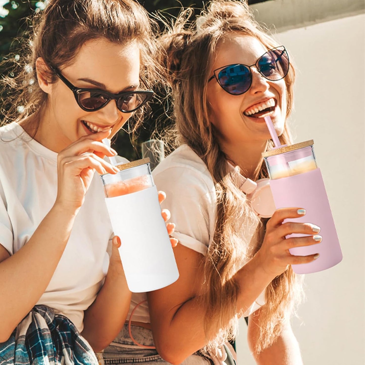 Tronco 20 oz Glass Tumbler with Lid & Straw - Iced Coffee Cup & Smoothie Cup With Silicone Sleeve | BPA-Free, Dishwasher Safe | Reusable Glass Cups with Bamboo Lids and Straws (Light Purple, 1 Count)