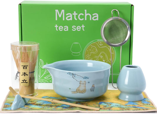 Matcha Set, Japanese Tea Set Includes Matcha Bowl, Matcha Whisk and Holder, Bamboo Scoop, Scoop Rest, Sifter and Tea Towel-7 Pcs, Ceramic Matcha Kit for Tea Lovers (Blue)