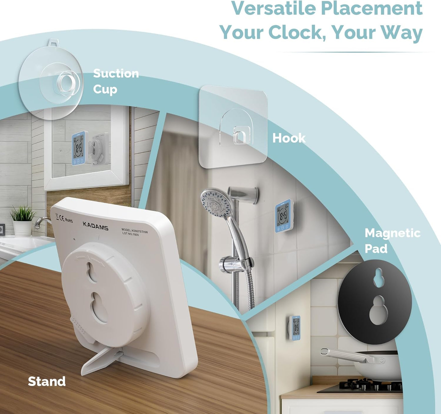 KADAMS Shower Clock Waterproof Bathroom Timer – Digital Wall Clock with Countdown, Magnetic Kitchen Clock with Temperature & Humidity, Suction Cup for Kids Shower Spa Sauna Cook Bath, Blue