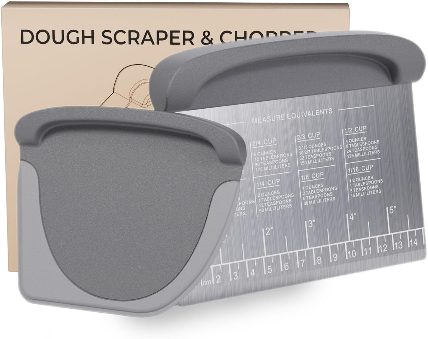 2 IN 1 Upgrade Bench Scraper, Dough Scraper for Pastry Bread Cake Pizza, Stainless Steel Dough Cutter with Conversion Chart & Measuring Scale, Bowl Scraper Food Scraper for Kitchen Baking, Gray