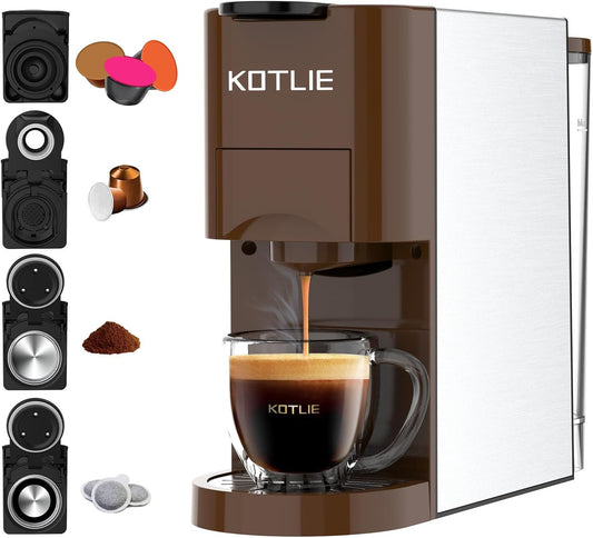 KOTLIE 513K Single Serve Capsule Coffee Machine fits for K-Cup capsule/Nes*p Original/Ground Coffee/44mm ESE,0.8L,Compact Size(Coffee)