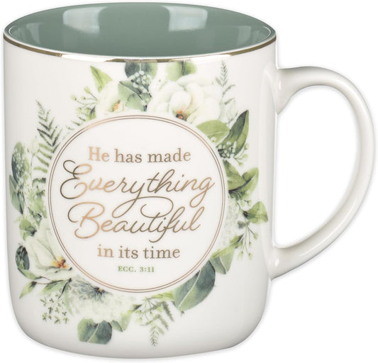 Christian Art Gifts Large Ceramic Inspirational Coffee & Tea Scripture Mug for Women: Everything Beautiful Encouraging Bible Verse, Sturdy, Novelty Non-Toxic Beverage Cup, White & Green Floral, 14 oz.