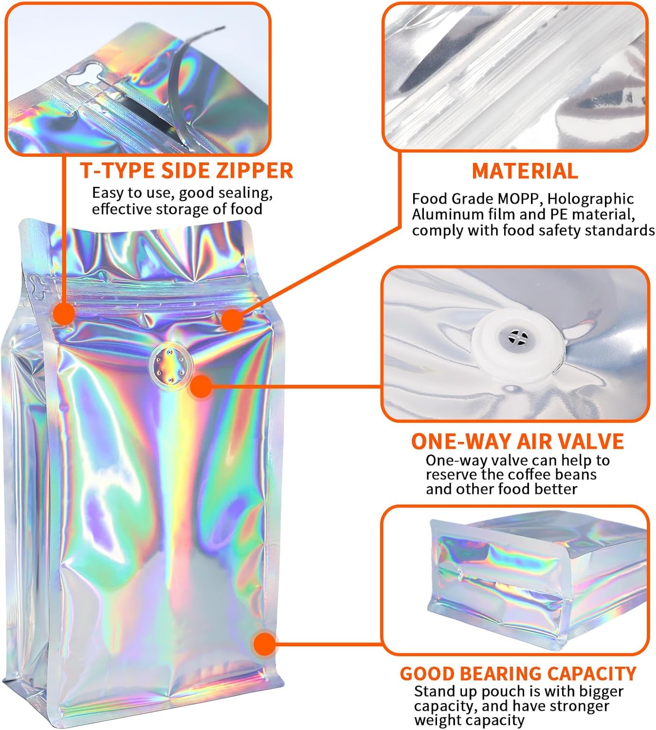 Coffee Bags with Valve (50 PCS,8oz/0.5lb) Holographic High Barrier Aluminum Foil Flat Bottom Standing Coffee Beans Storage Packaging Bags, Reusable Heat Seal Side Zipper Pouches for Small Business