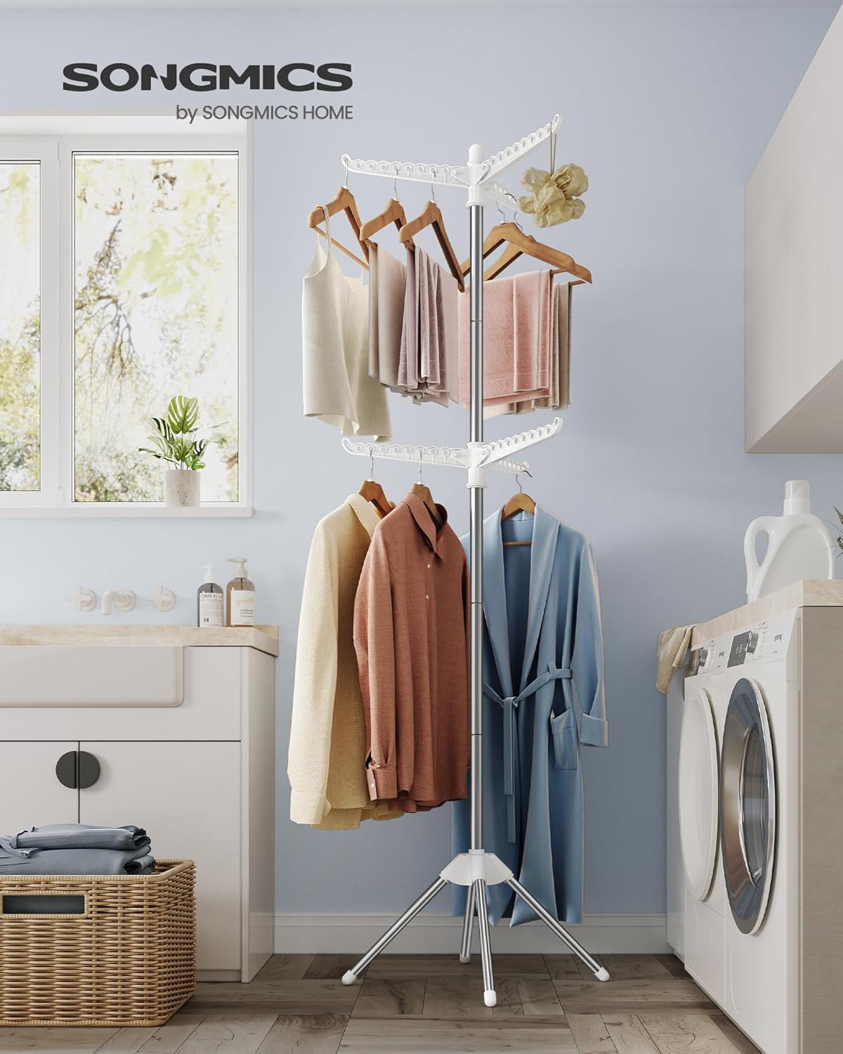 SONGMICS 2-Tier Clothes Drying Rack, 75.2-Inch Folding Laundry Drying Rack with 6 Rotatable Arms for Hangers, Stainless Steel, for 54 Pieces of Clothes, White and Silver ULLR514W01