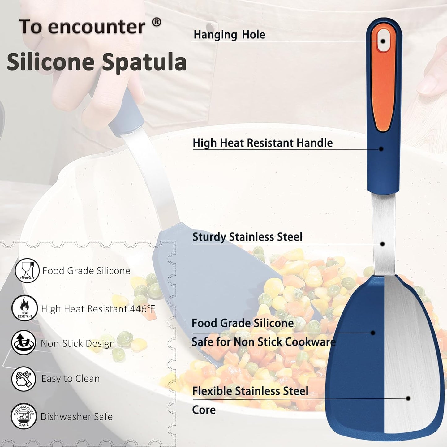 To encounter 3 Pieces Silicone Spatula Set, Heat Resistant Flexible Turner Spatulas, Nonstick Cookie Spatula, Fish Spatula, Dishwasher Safe, Navy Blue