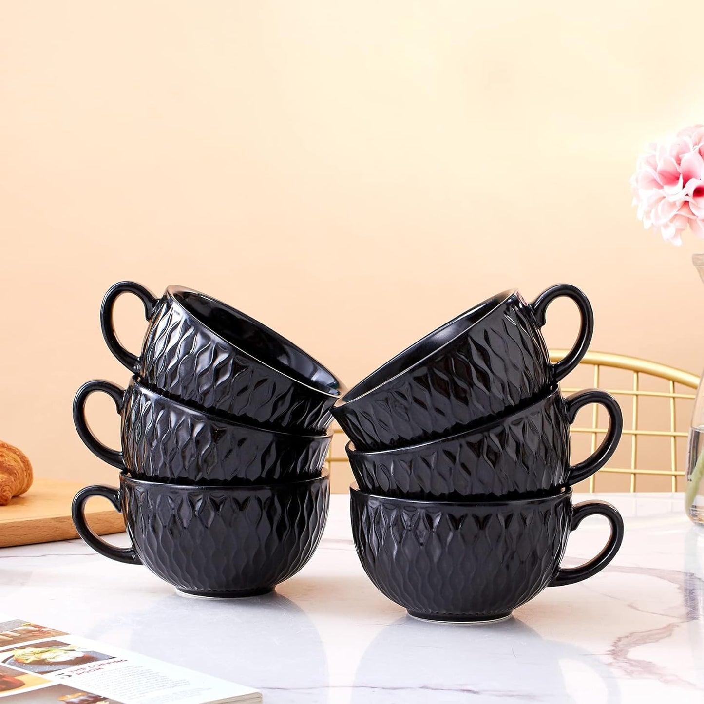 Set of 6 Cups Vintage Design 12 oz Professional Barista Ceramic Latte Art Cappuccino Cups Set (Embossed Black * 6)