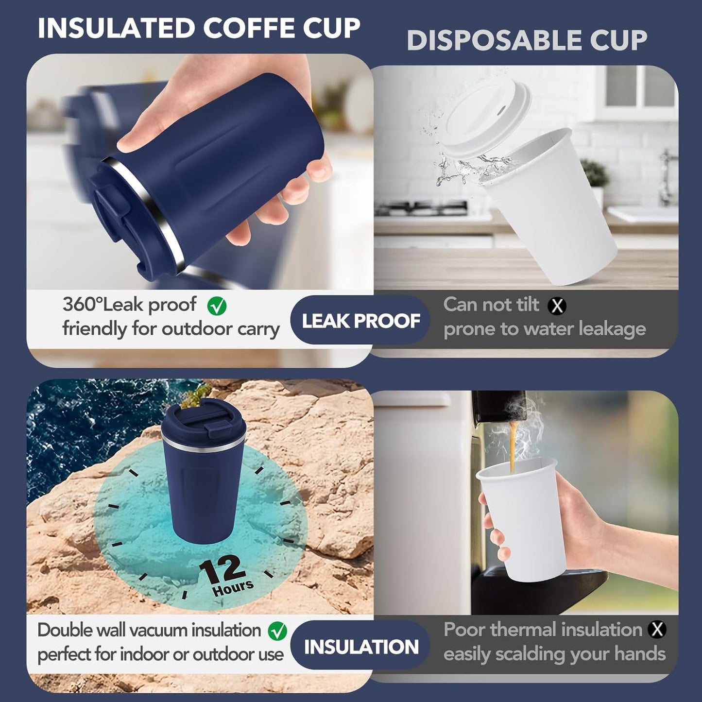 Volhoply 12 oz Double Wall Insulated Vacuum Travel Coffee Mug with Flip Lid,Reusable Stainless Steel Leak Proof Coffee Cup,Portable Iced Cafe Thermal Tumbler Suitable for Hot & Cold Drinks(Navy,1 Set)