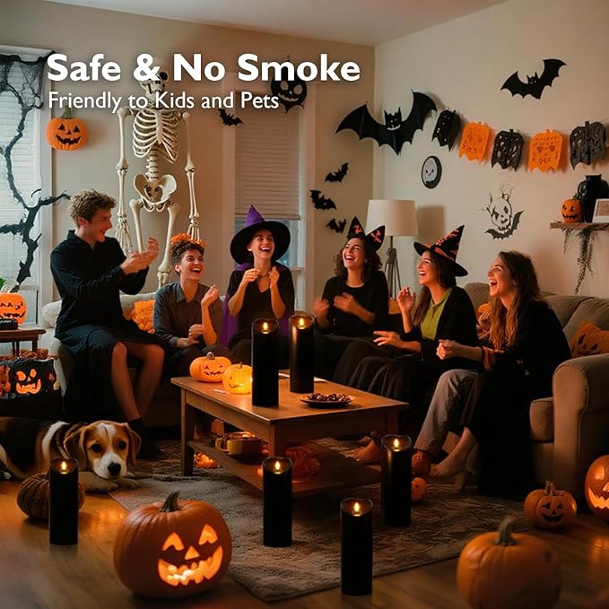 Homemory 4"x12" Black Flameless Candles, Halloween Candles, Outdoor Waterproof Flameless Candles with Remote and Timers, Gothic, Battery Operated LED Pillar Candles, Won't Melt Plastic, 2Pack