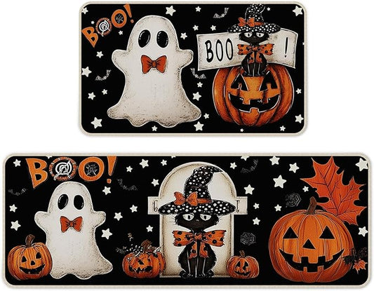Halloween Kitchen Mat Set of 2, Pumpkin Ghosts Boo Cat Halloween Decor, Halloween Rug for Floor, Indoor Home Decor with Non-Slip Backing,17 x 29 Inch & 17 x 47 Inch